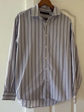 Perry Ellis Men’s XL Blue Gray Striped Button Front Dress Shirt Long Sleeve